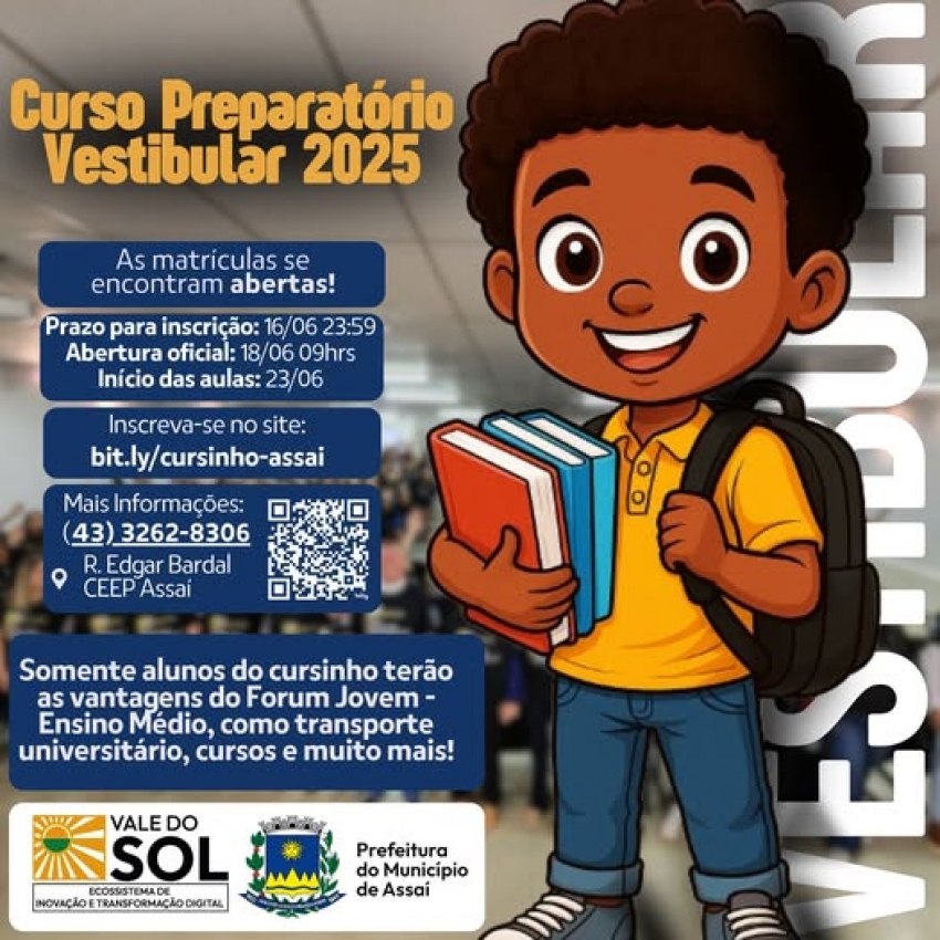 ASSAÍ - INSCRIÇÕES PARA O CURSINHO PRÉ-VESTIBULAR GRATUITO