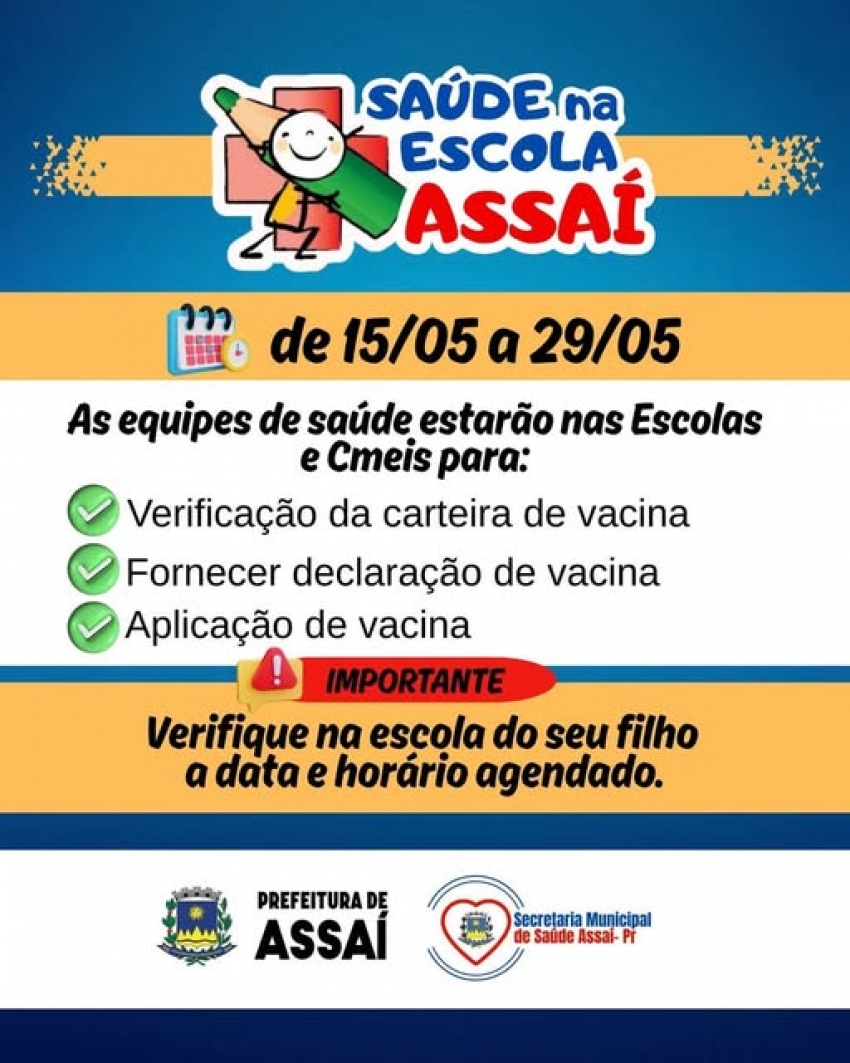 Ampliar os cuidados com a saúde dos estudantes de Assaí, é uma meta do Prefeito Tuti Bomtempo