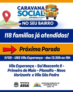 BALANÇO - CARAVANA SOCIAL ATENDE 118 FAMÍLIAS EM ASSAÍ NA PRIMEIRA ETAPA DO PROJETO